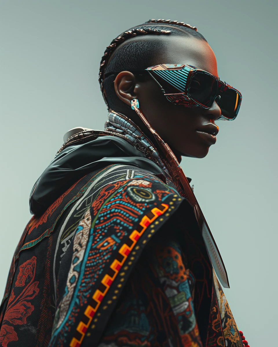 A model embodying the Nomadic Odyssey theme, showcasing futuristic fashion inspired by nomadic cultures worldwide.